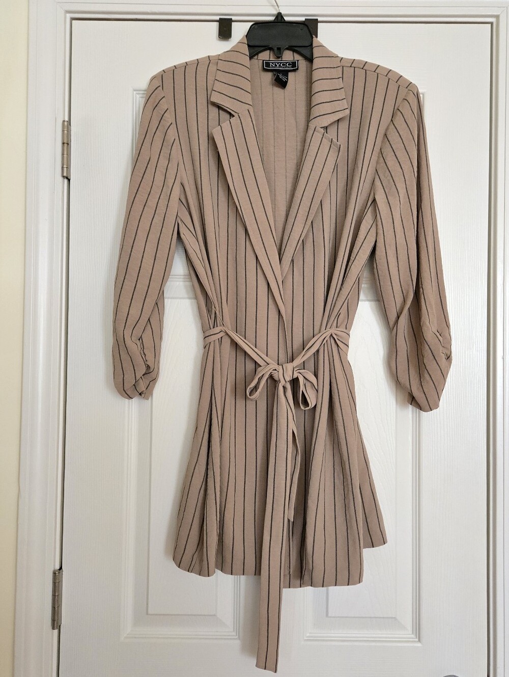 VINTAGE New York & Company Taupe Pinstripe Wrap Dress with Belt